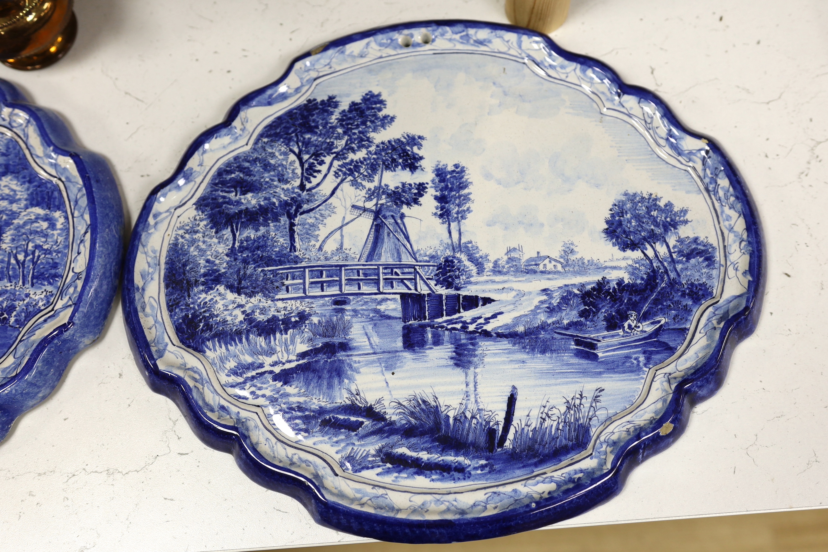 Nine ceramic items including two Dutch blue and white wall plaques, a silvered jug, a teapot, four items of lustreware and a Wedgwood jug, tallest 23cm
